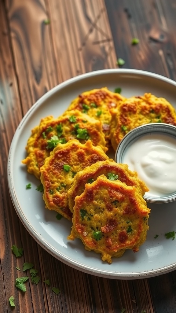 Crispy Green Veggie Fritters Recipe Crispy green veggie fritters on a plate with yogurt dip and herbs.
